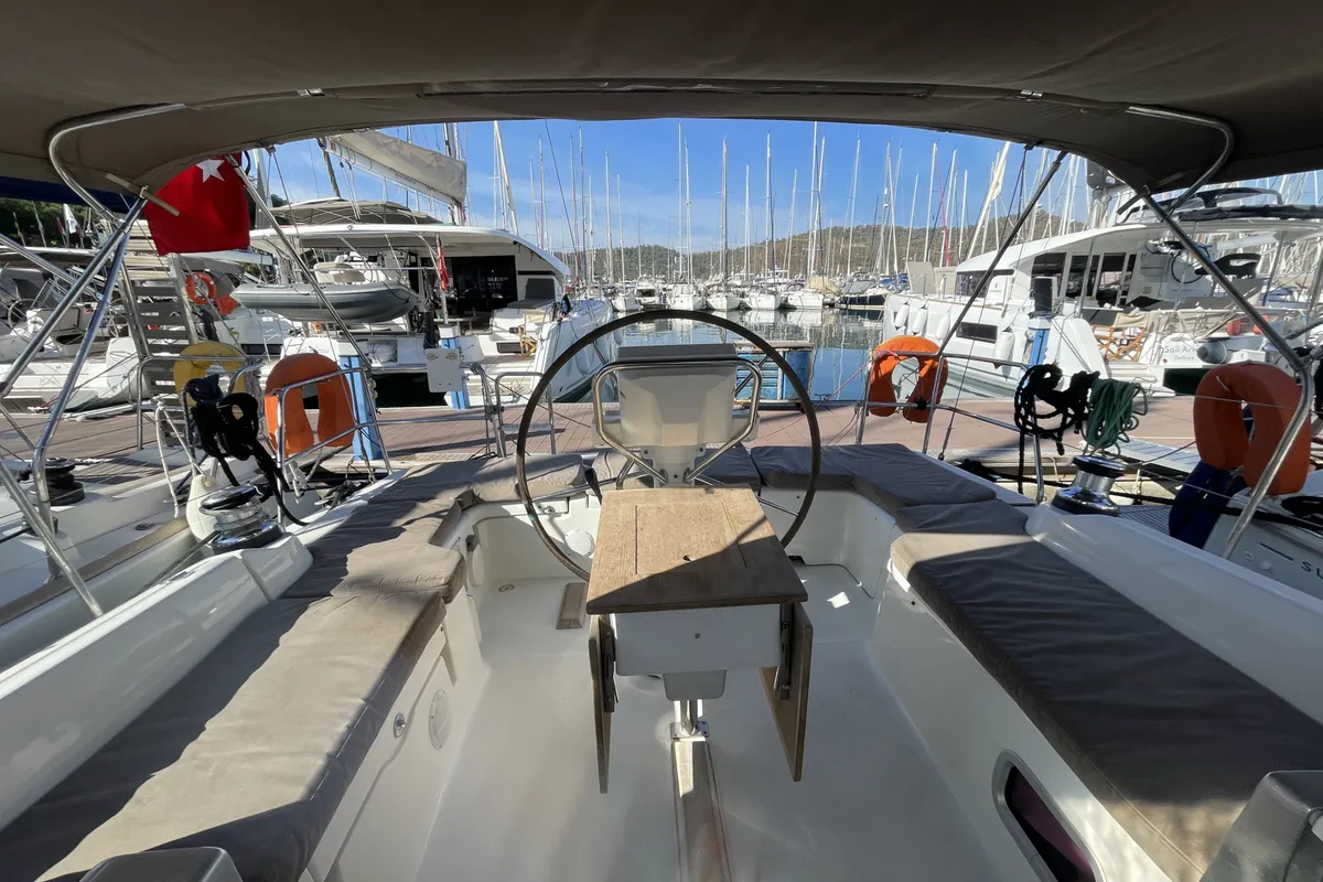 Cockpit of Glen Rosa, a Beneteau Oceanis 37 sailboat at Fethiye, Turkey