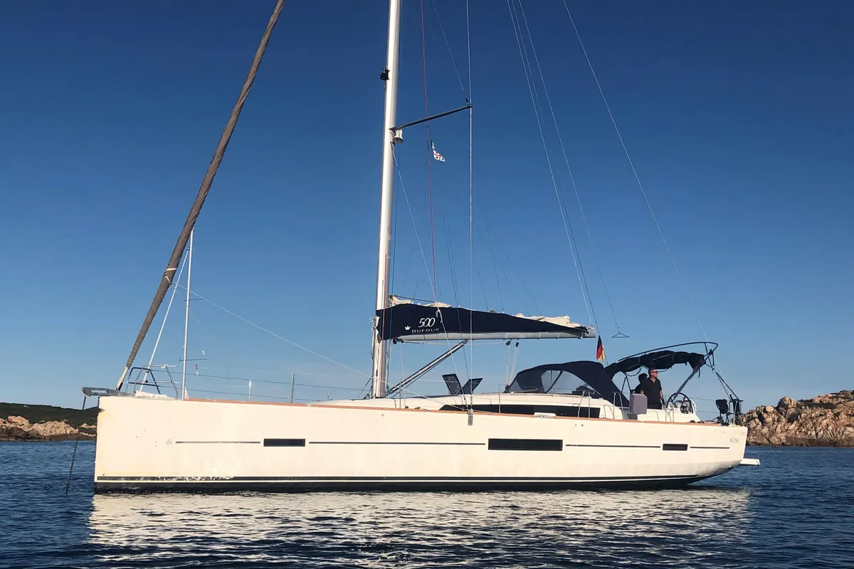 Exterior view of Kosi, a Dufour 500 Grand Large sailboat at San Vincenzo, Italy