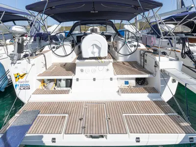 Cockpit of Kosi, a Dufour 500 Grand Large sailboat at San Vincenzo, Italy