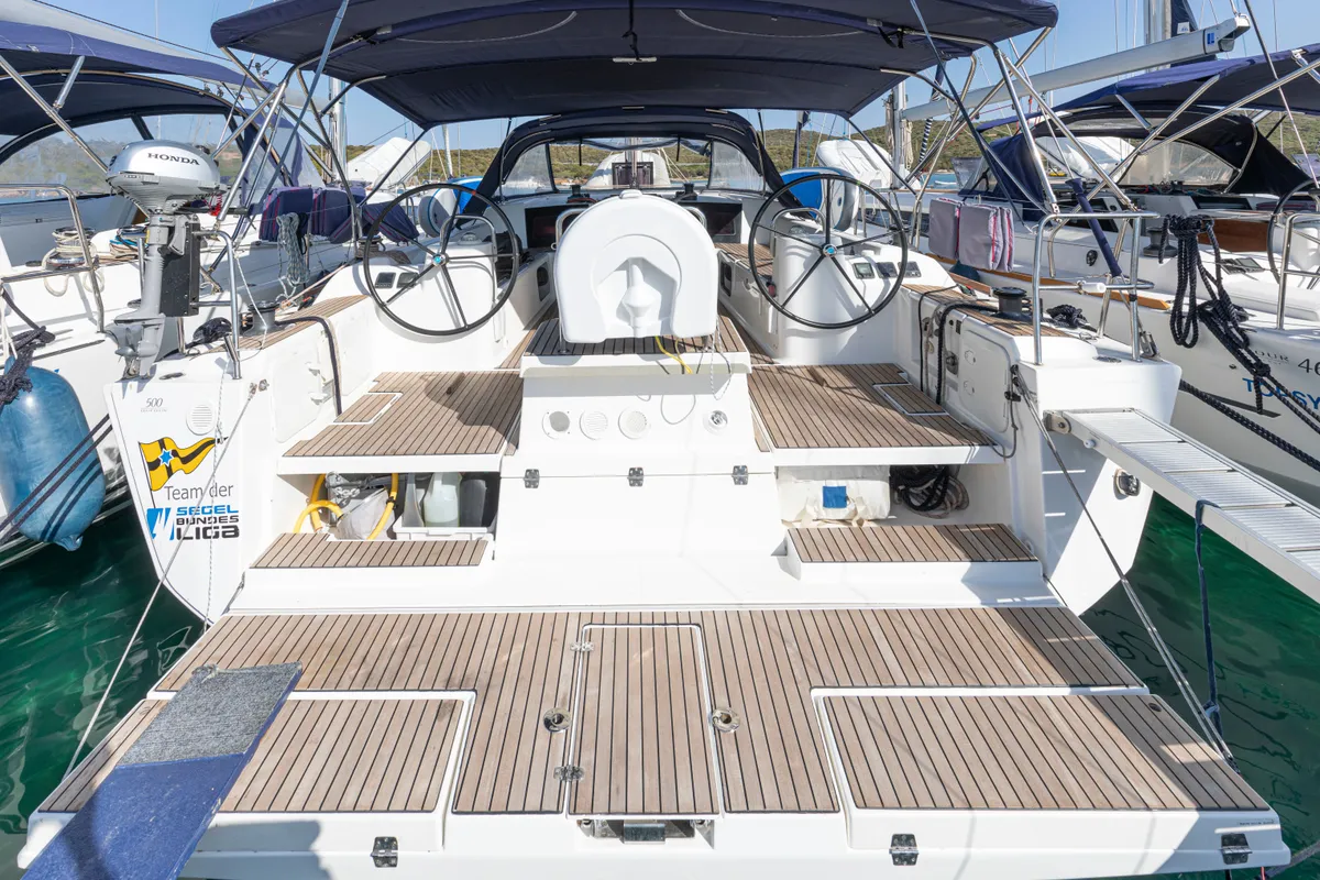 Cockpit of Kosi, a Dufour 500 Grand Large sailboat at San Vincenzo, Italy