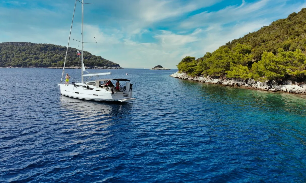 Exterior view of Divna, a Dufour 460 GL sailboat at Grad Kaštela, Croatia