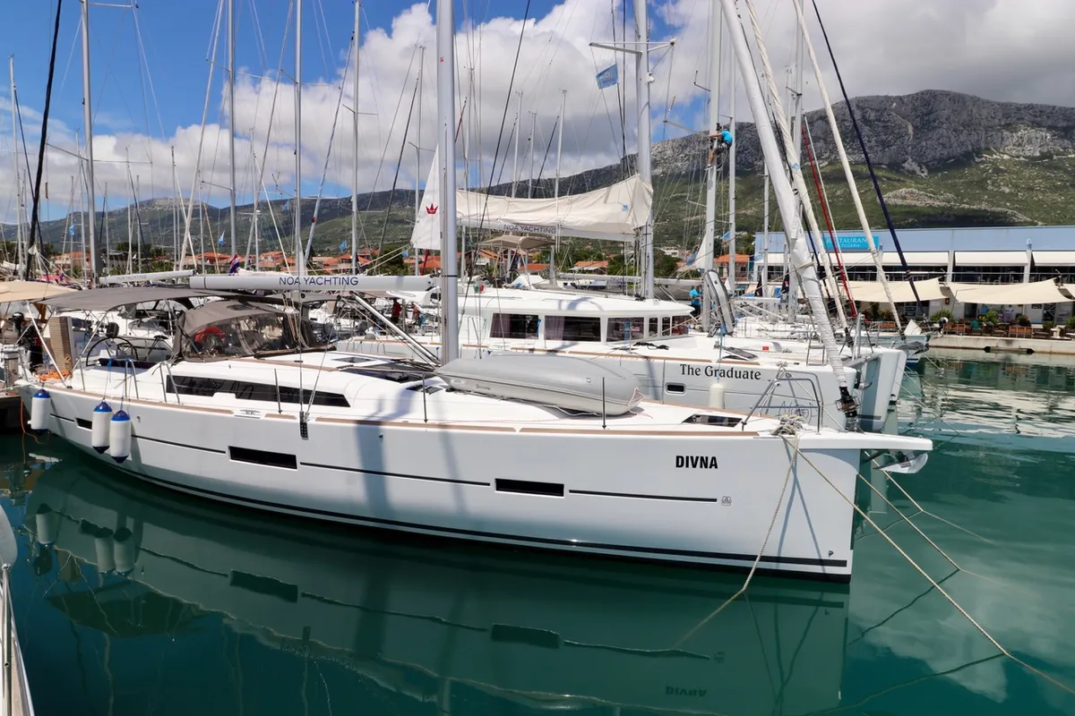 Exterior view of Divna, a Dufour 460 GL sailboat at Grad Kaštela, Croatia