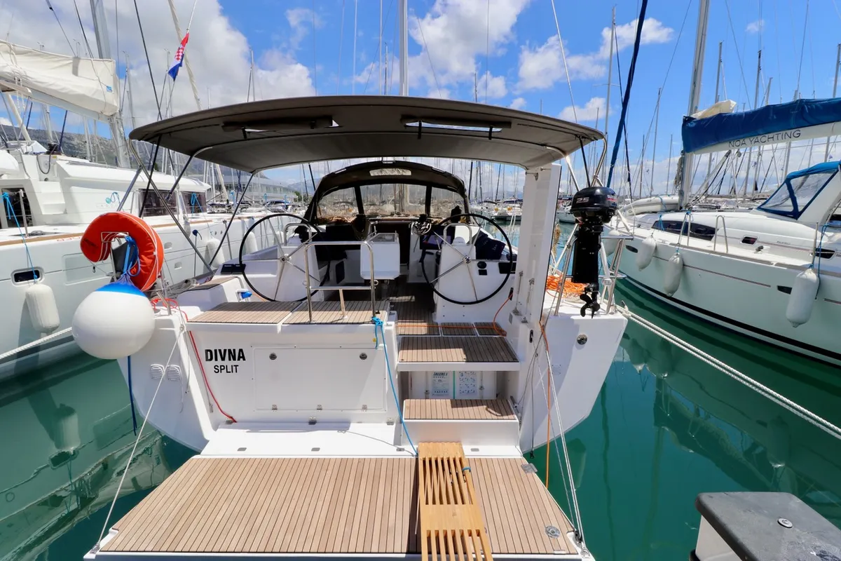 Deck of Divna, a Dufour 460 GL sailboat at Grad Kaštela, Croatia