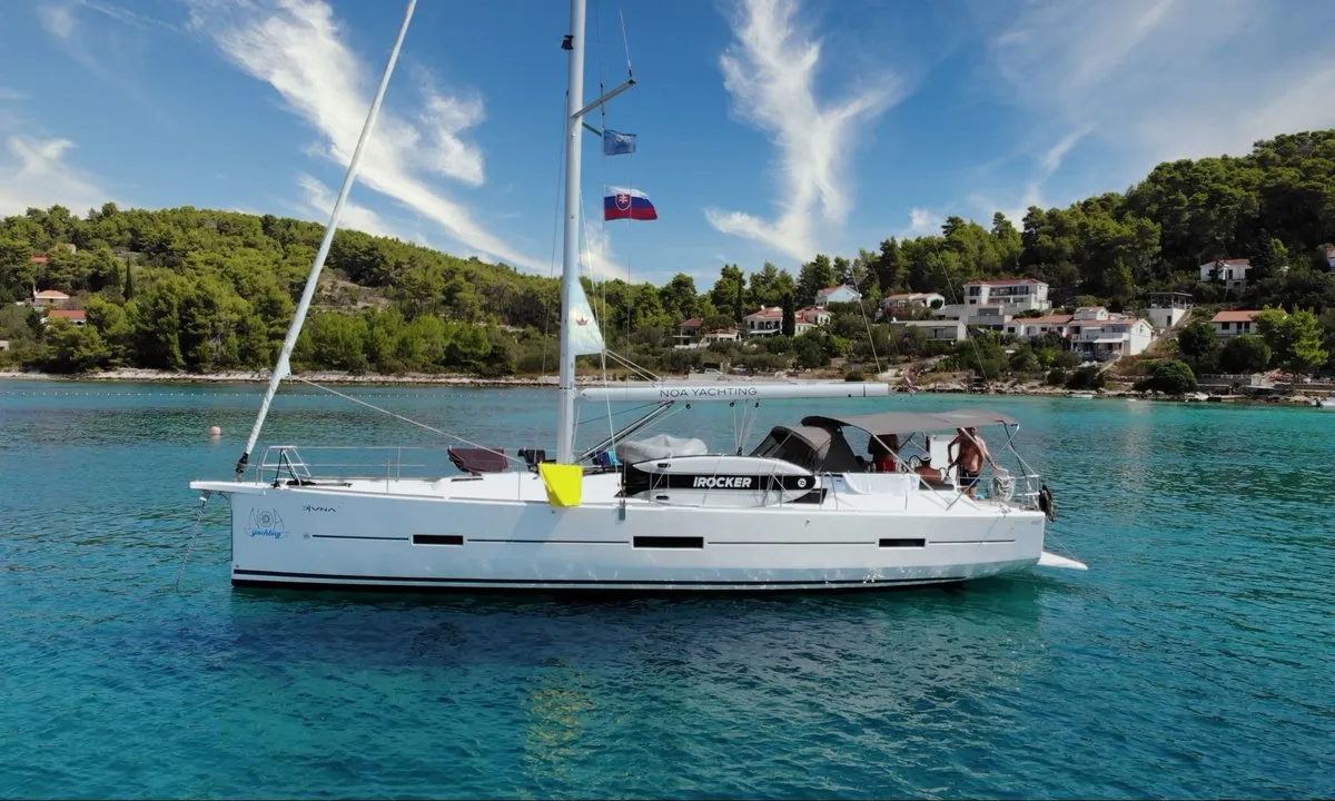 Exterior view of Divna, a Dufour 460 GL sailboat at Grad Kaštela, Croatia