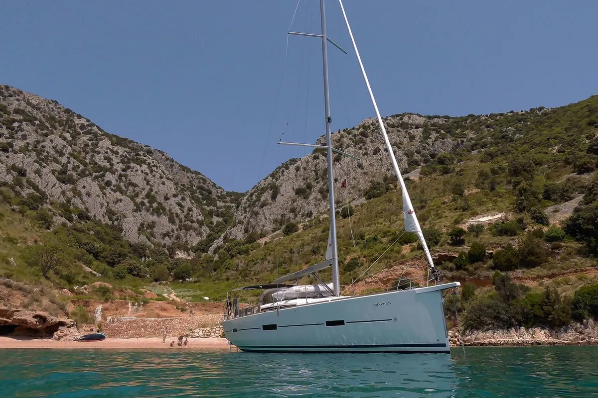Exterior view of Divna, a Dufour 460 GL sailboat at Grad Kaštela, Croatia