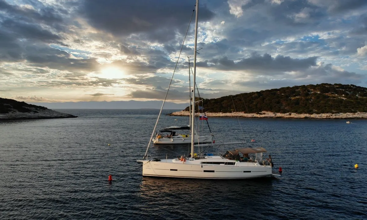 Exterior view of Divna, a Dufour 460 GL sailboat at Grad Kaštela, Croatia