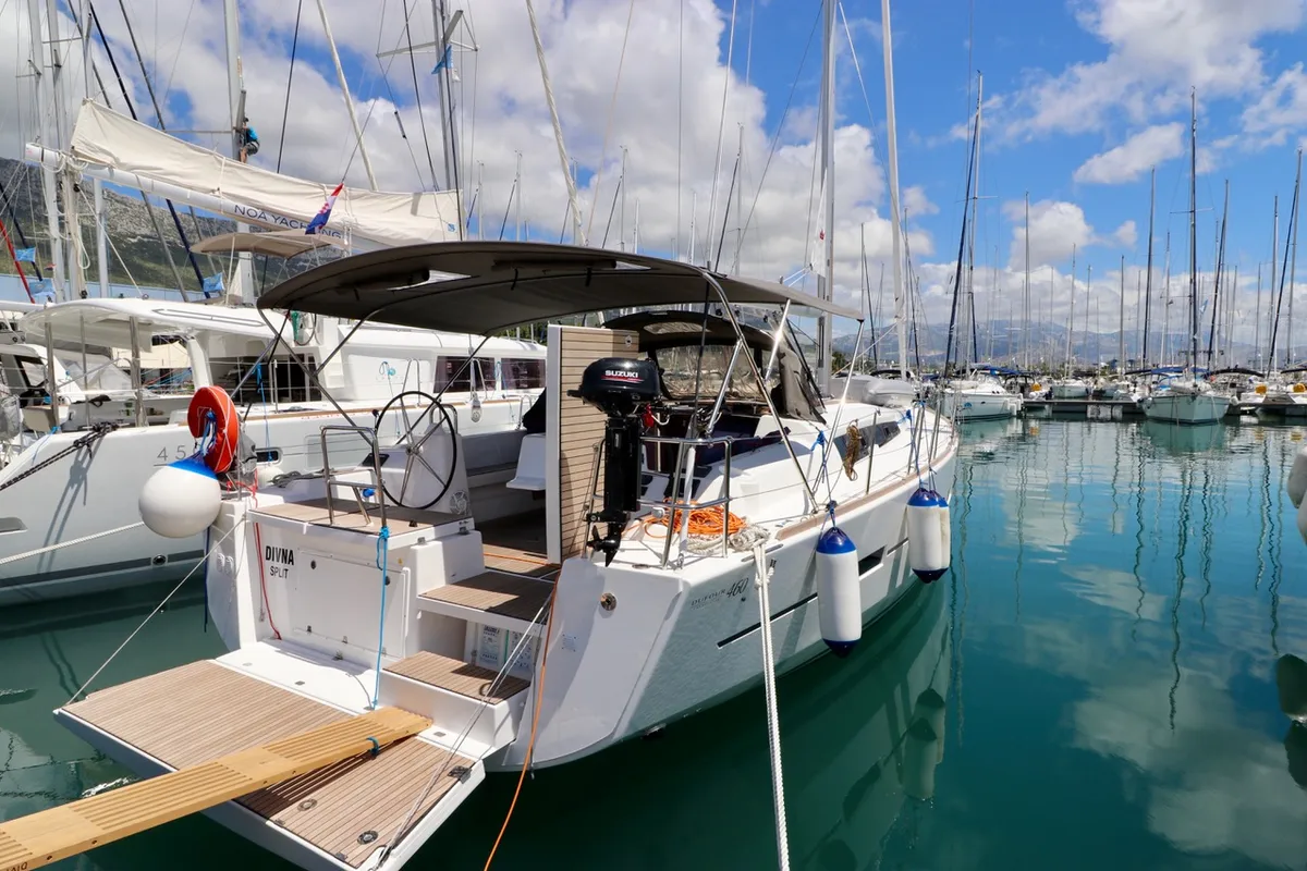 Deck of Divna, a Dufour 460 GL sailboat at Grad Kaštela, Croatia