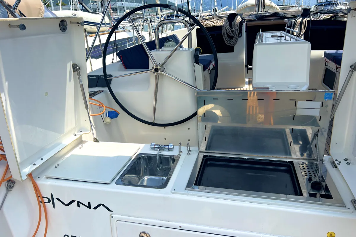 Deck of Divna, a Dufour 460 GL sailboat at Grad Kaštela, Croatia
