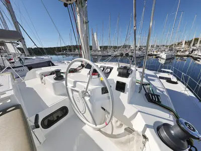 Cockpit of Warm Breeze, a Bali Catspace OW catamaran at Šibenik, Croatia
