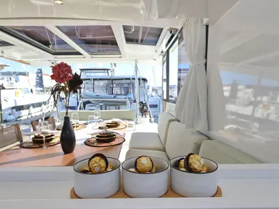 Salon of Warm Breeze, a Bali Catspace OW catamaran at Šibenik, Croatia
