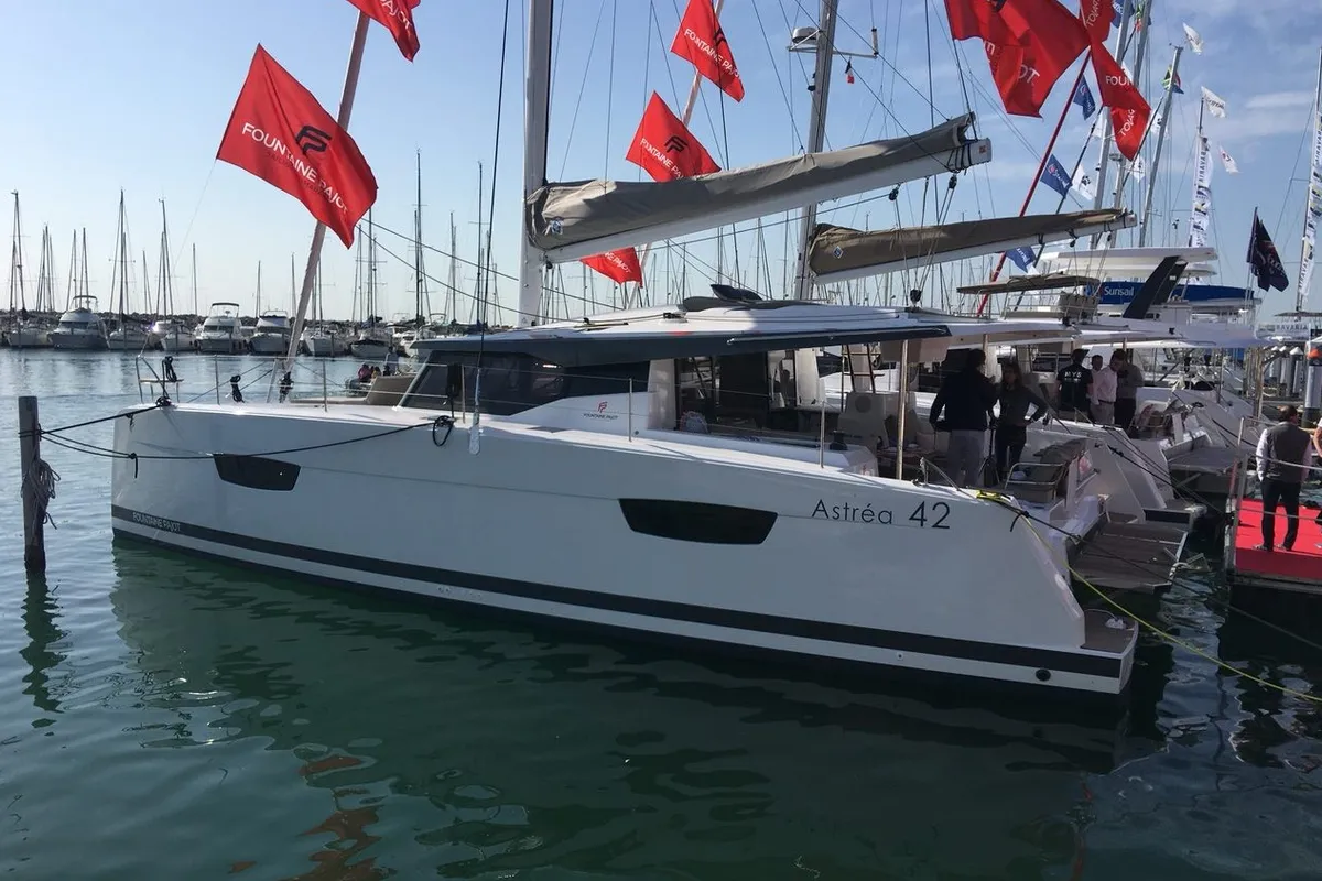 Exterior view of Harley Quinn, a Fountaine Pajot Astrea 42 catamaran at Tonnarella, Italy