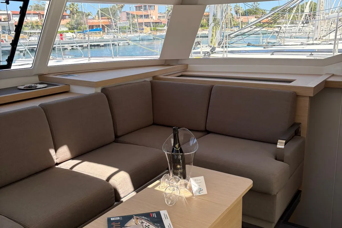 Harley Quinn, a Fountaine Pajot Astrea 42 catamaran at Tonnarella, Italy