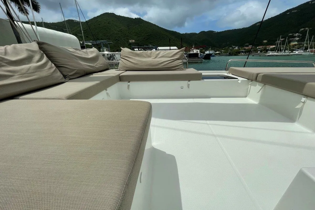 Deck of Singing Winds, a Fountaine Pajot Saba 50 catamaran at Road Town, British Virgin Islands