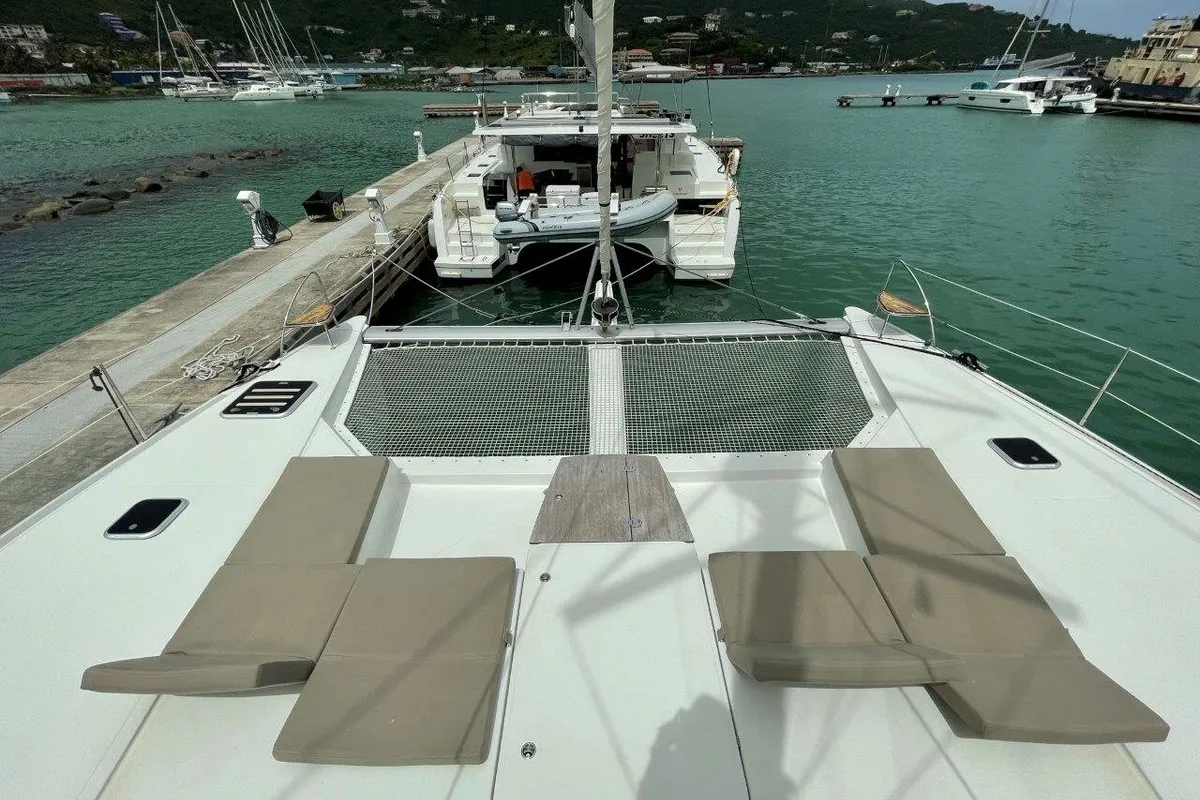 Deck of Singing Winds, a Fountaine Pajot Saba 50 catamaran at Road Town, British Virgin Islands