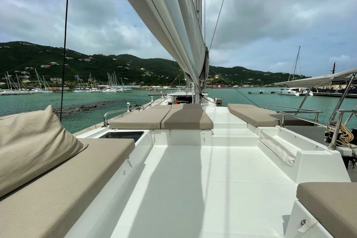 Deck of Singing Winds, a Fountaine Pajot Saba 50 catamaran at Road Town, British Virgin Islands