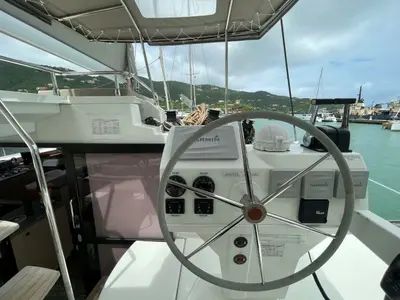 Cockpit of Singing Winds, a Fountaine Pajot Saba 50 catamaran at Road Town, British Virgin Islands