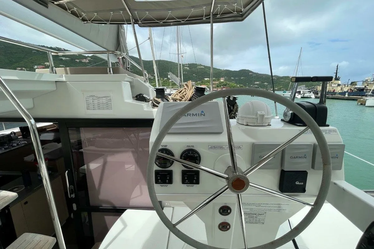 Cockpit of Singing Winds, a Fountaine Pajot Saba 50 catamaran at Road Town, British Virgin Islands