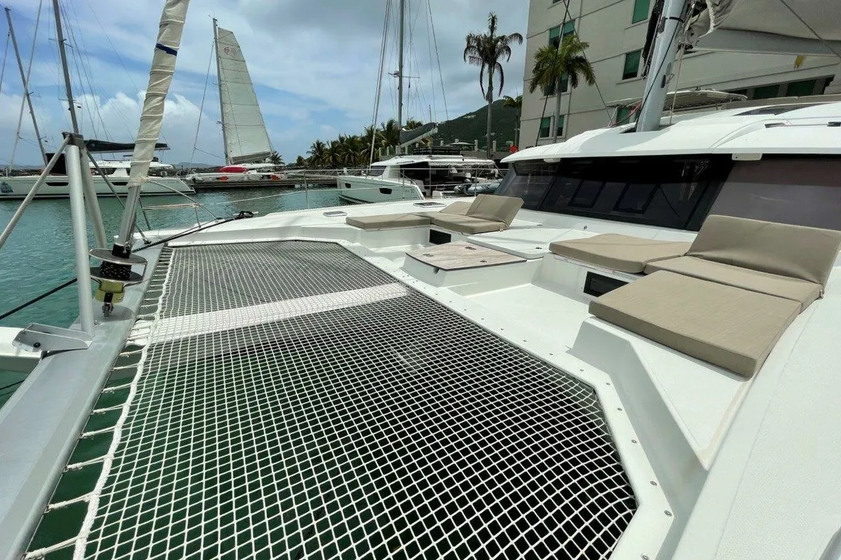 Deck of Singing Winds, a Fountaine Pajot Saba 50 catamaran at Road Town, British Virgin Islands