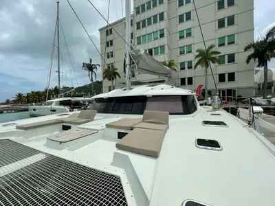 Deck of Singing Winds, a Fountaine Pajot Saba 50 catamaran at Road Town, British Virgin Islands