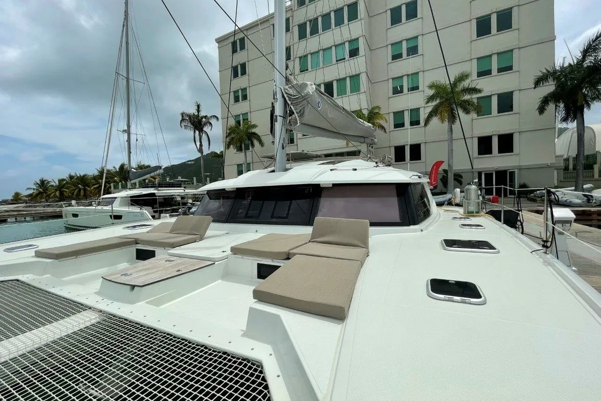 Deck of Singing Winds, a Fountaine Pajot Saba 50 catamaran at Road Town, British Virgin Islands