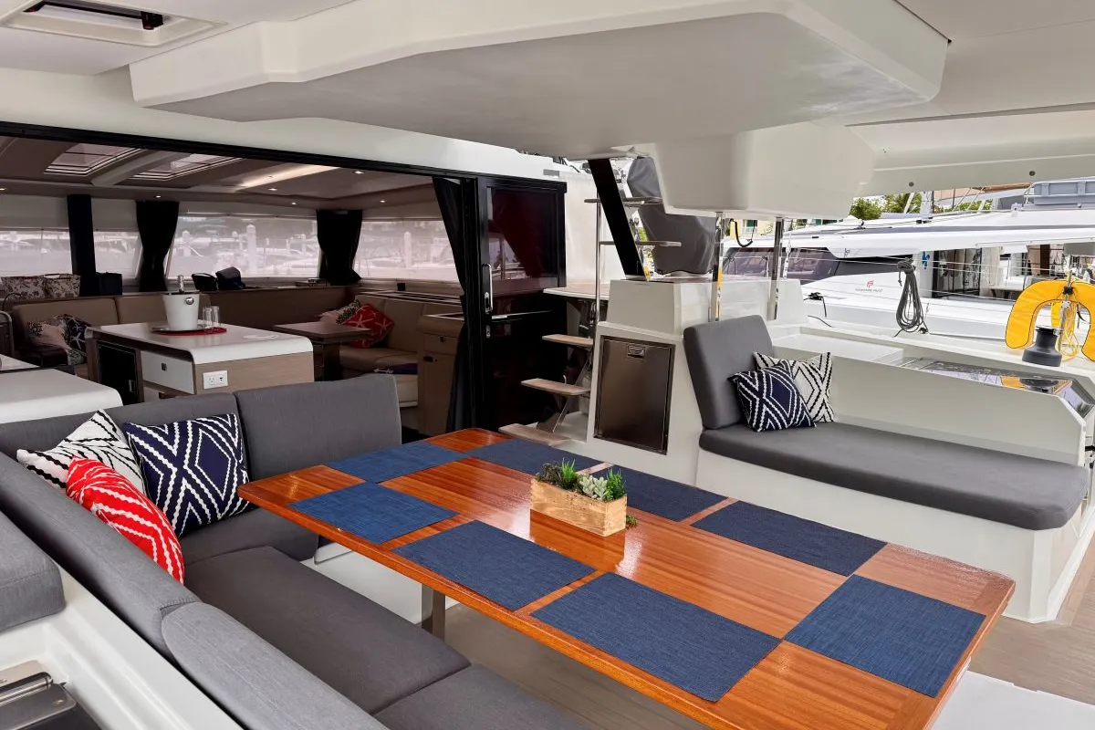 Deck of Carrie Lee, a Fountaine Pajot Aura 51 catamaran at Road Town, British Virgin Islands