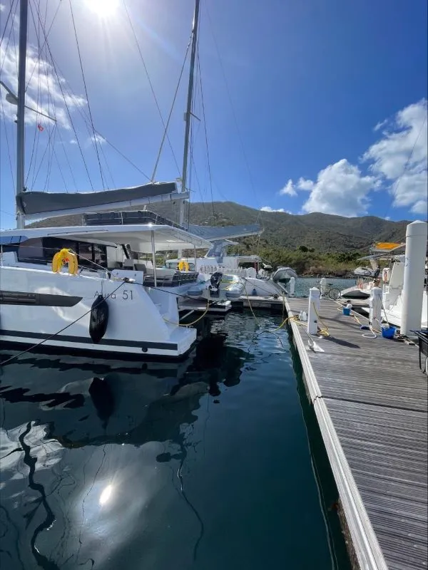 Exterior view of Carrie Lee, a Fountaine Pajot Aura 51 catamaran at Road Town, British Virgin Islands