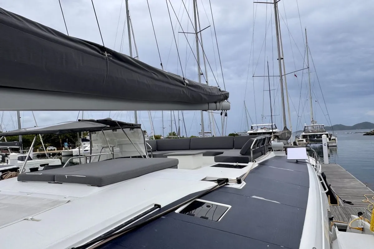 Deck of Carrie Lee, a Fountaine Pajot Aura 51 catamaran at Road Town, British Virgin Islands