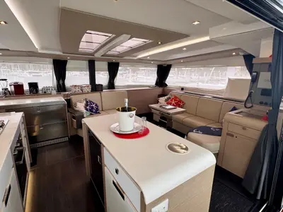 Salon of Carrie Lee, a Fountaine Pajot Aura 51 catamaran at Road Town, British Virgin Islands