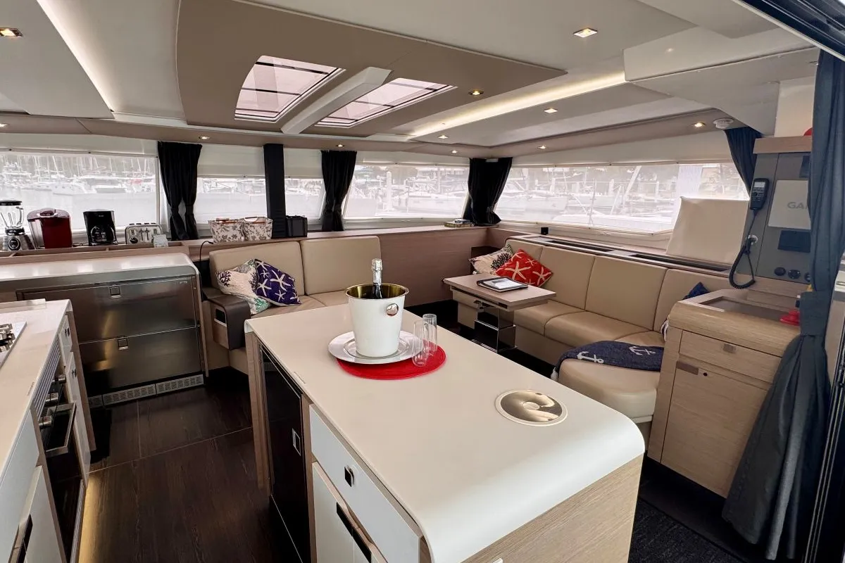 Salon of Carrie Lee, a Fountaine Pajot Aura 51 catamaran at Road Town, British Virgin Islands