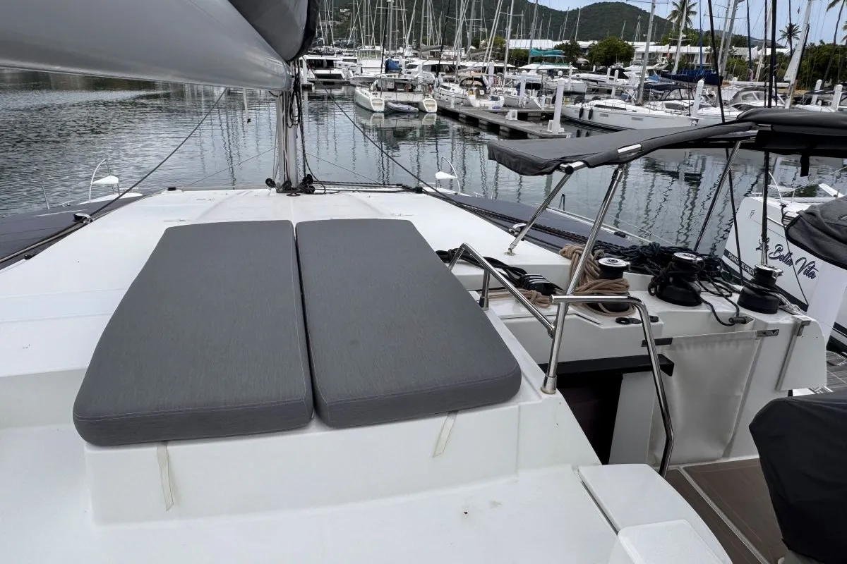Deck of Carrie Lee, a Fountaine Pajot Aura 51 catamaran at Road Town, British Virgin Islands