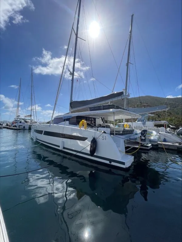 Exterior view of Carrie Lee, a Fountaine Pajot Aura 51 catamaran at Road Town, British Virgin Islands