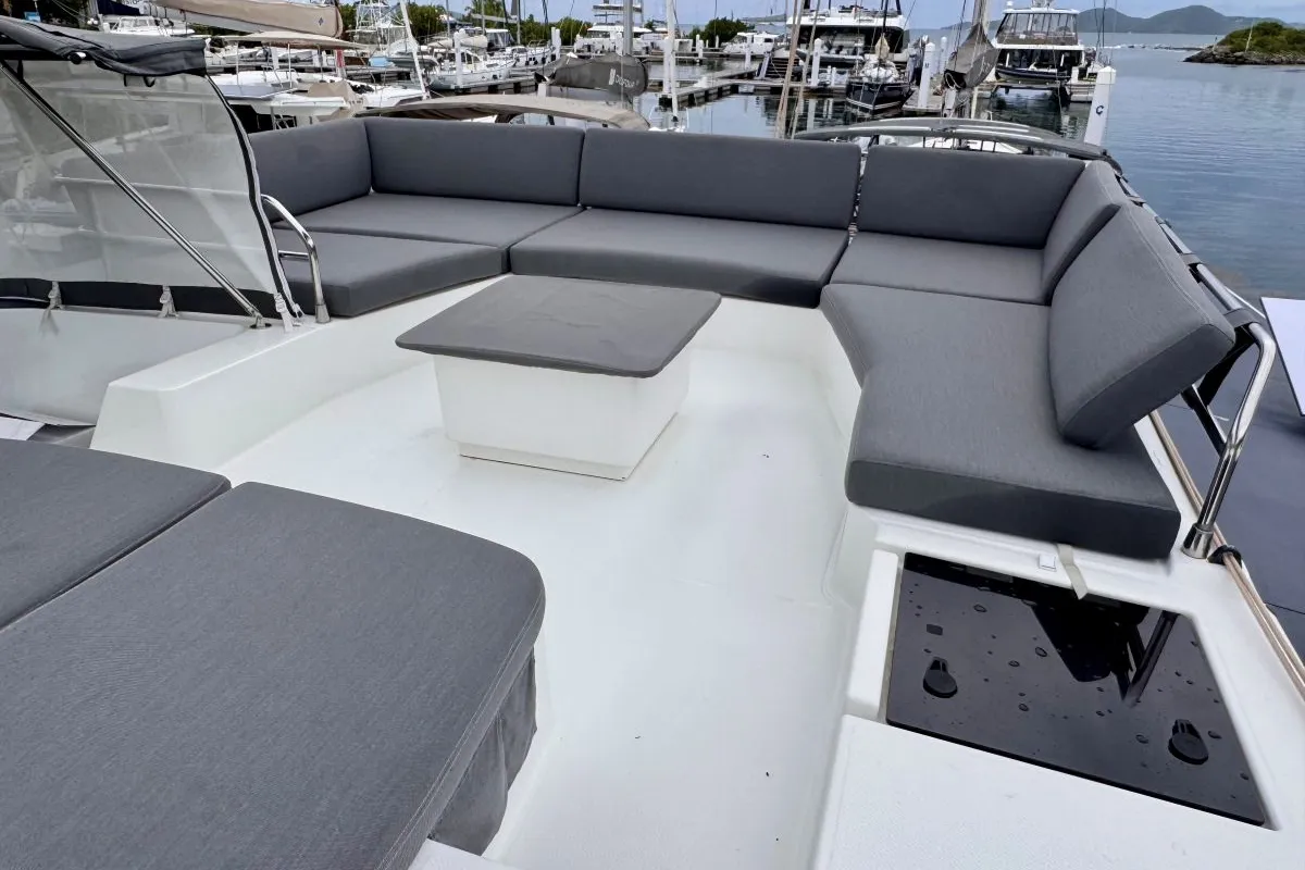 Deck of Carrie Lee, a Fountaine Pajot Aura 51 catamaran at Road Town, British Virgin Islands