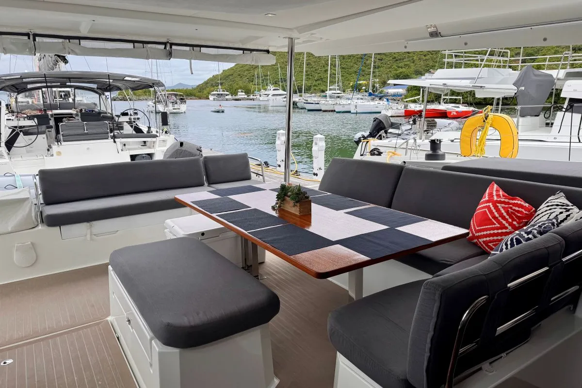 Deck of Carrie Lee, a Fountaine Pajot Aura 51 catamaran at Road Town, British Virgin Islands