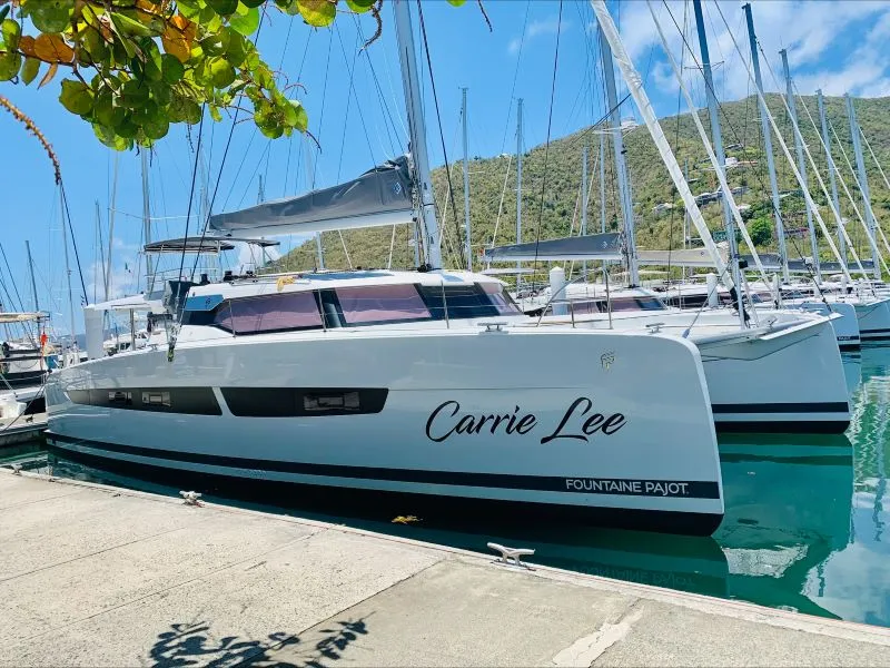 Exterior view of Carrie Lee, a Fountaine Pajot Aura 51 catamaran at Road Town, British Virgin Islands