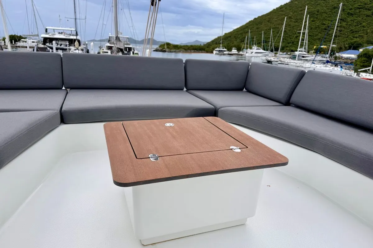 Deck of Carrie Lee, a Fountaine Pajot Aura 51 catamaran at Road Town, British Virgin Islands