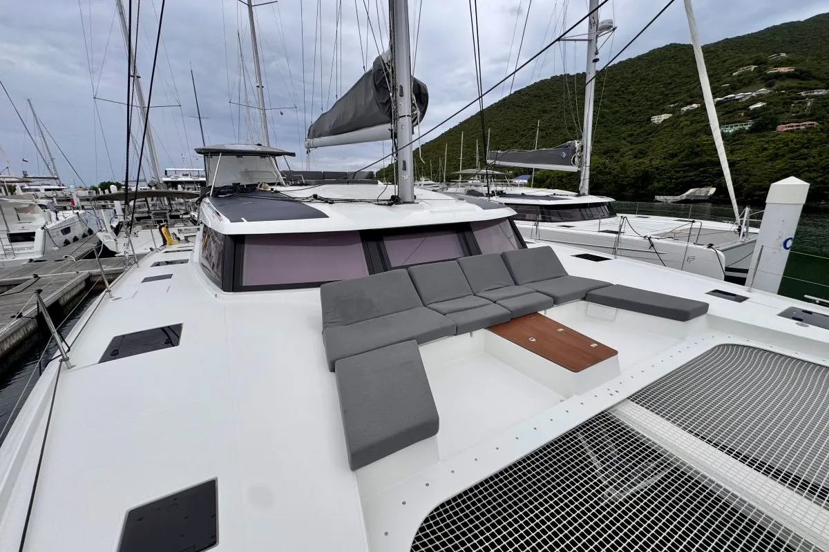 Deck of Carrie Lee, a Fountaine Pajot Aura 51 catamaran at Road Town, British Virgin Islands