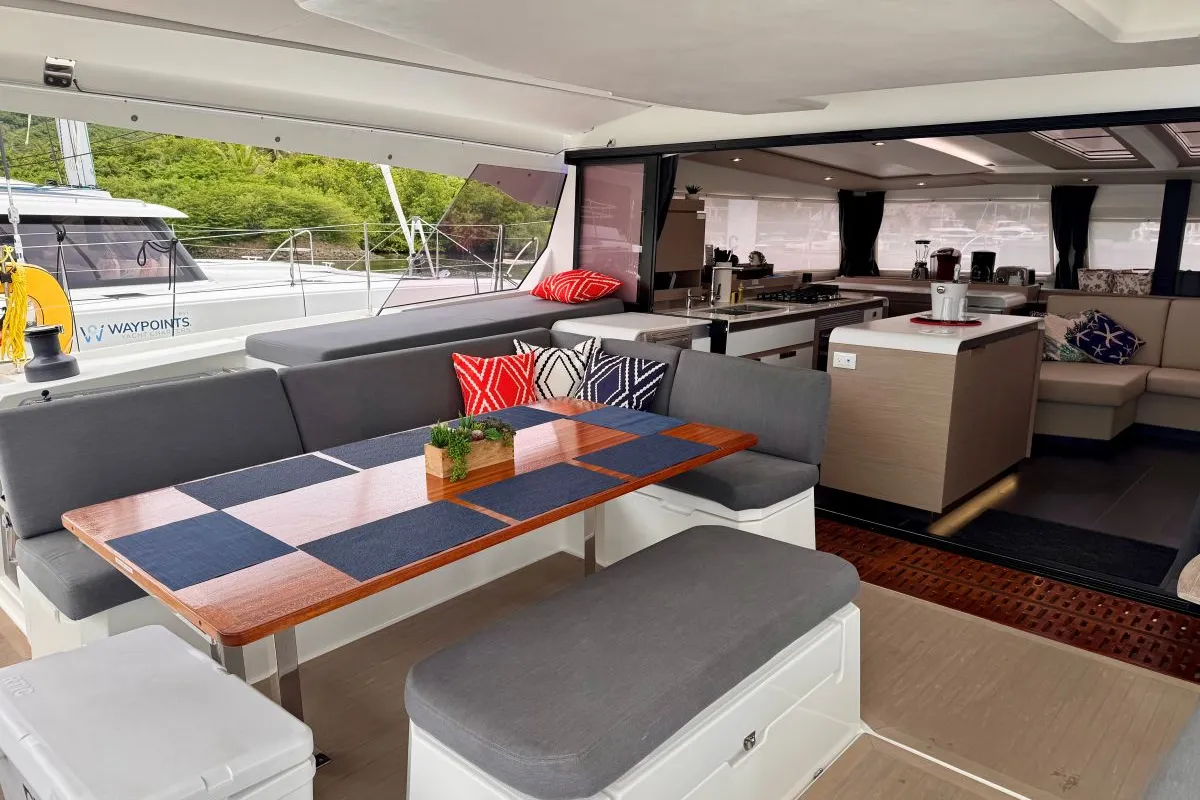 Deck of Carrie Lee, a Fountaine Pajot Aura 51 catamaran at Road Town, British Virgin Islands
