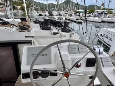 Cockpit of Carrie Lee, a Fountaine Pajot Aura 51 catamaran at Road Town, British Virgin Islands
