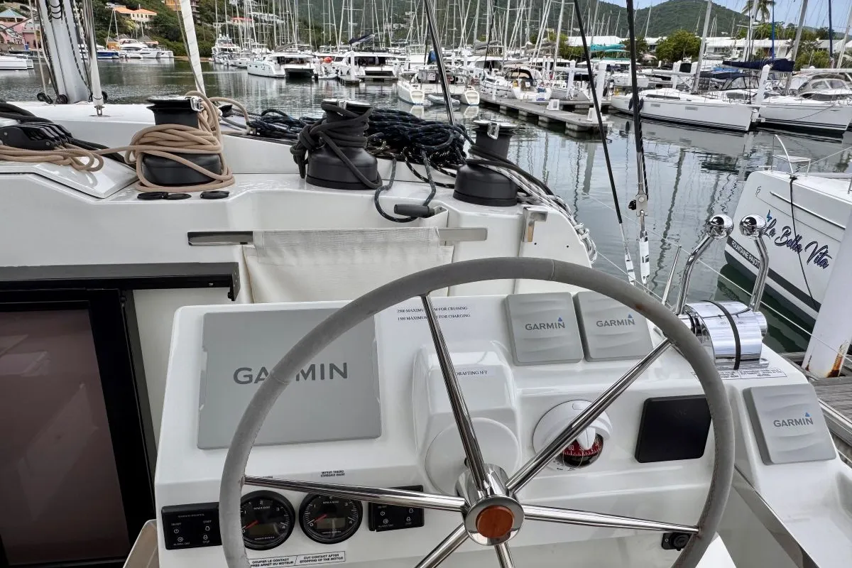Cockpit of Carrie Lee, a Fountaine Pajot Aura 51 catamaran at Road Town, British Virgin Islands