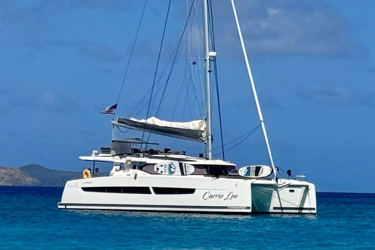 Exterior view of Carrie Lee, a Fountaine Pajot Aura 51 catamaran at Road Town, British Virgin Islands