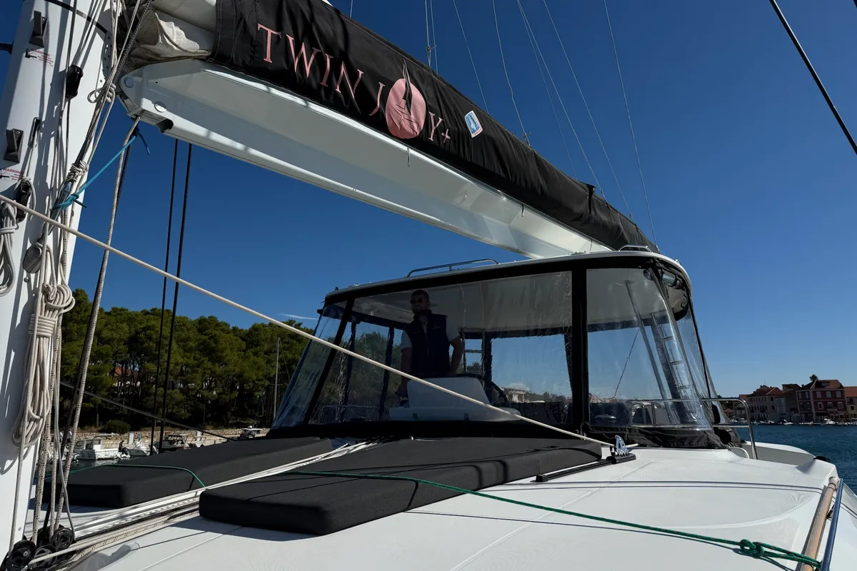 Cockpit of Twin Joy +, a Lagoon 51 catamaran at Trogir, Croatia
