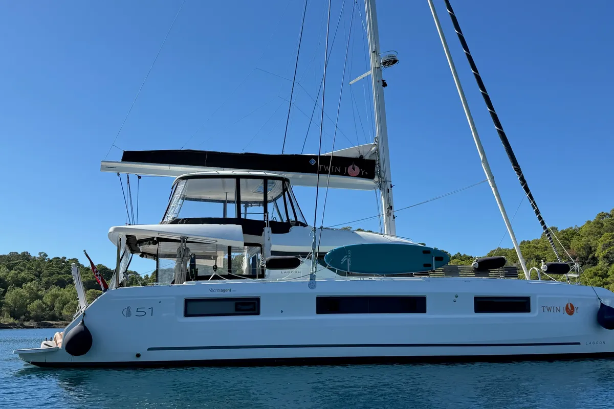 Exterior view of Twin Joy +, a Lagoon 51 catamaran at Trogir, Croatia