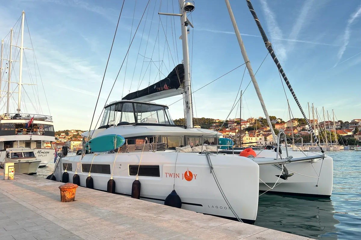 Exterior view of Twin Joy +, a Lagoon 51 catamaran at Trogir, Croatia