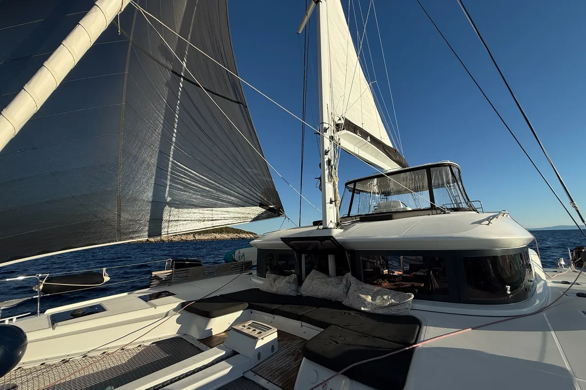 Deck of Twin Joy +, a Lagoon 51 catamaran at Trogir, Croatia
