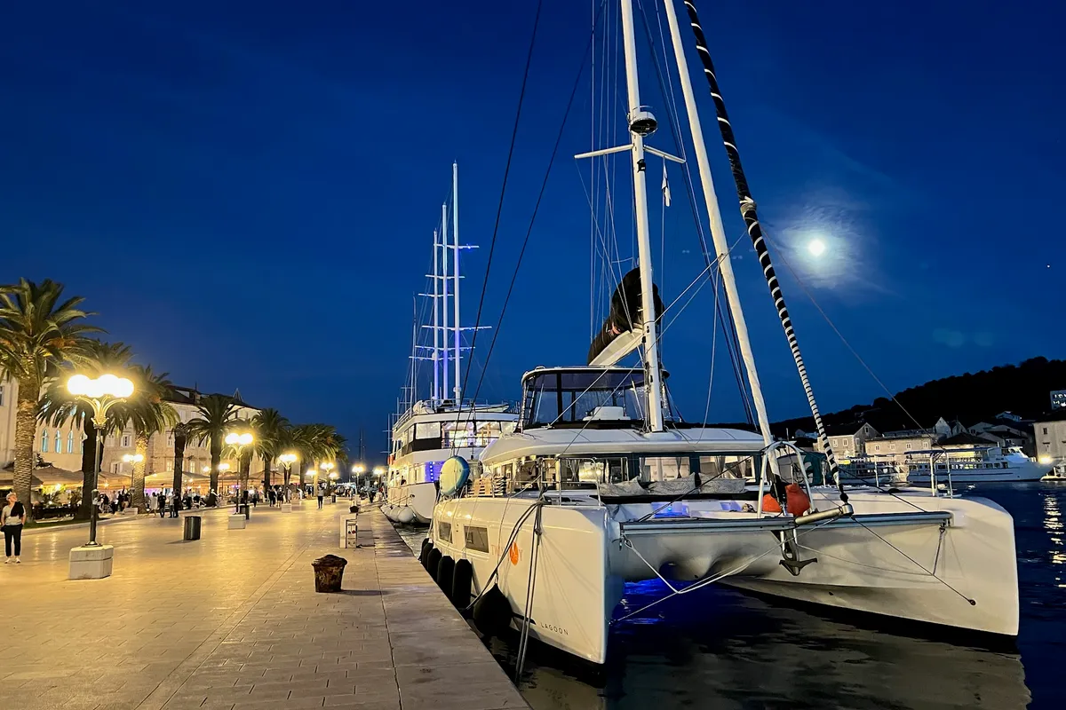 Exterior view of Twin Joy +, a Lagoon 51 catamaran at Trogir, Croatia
