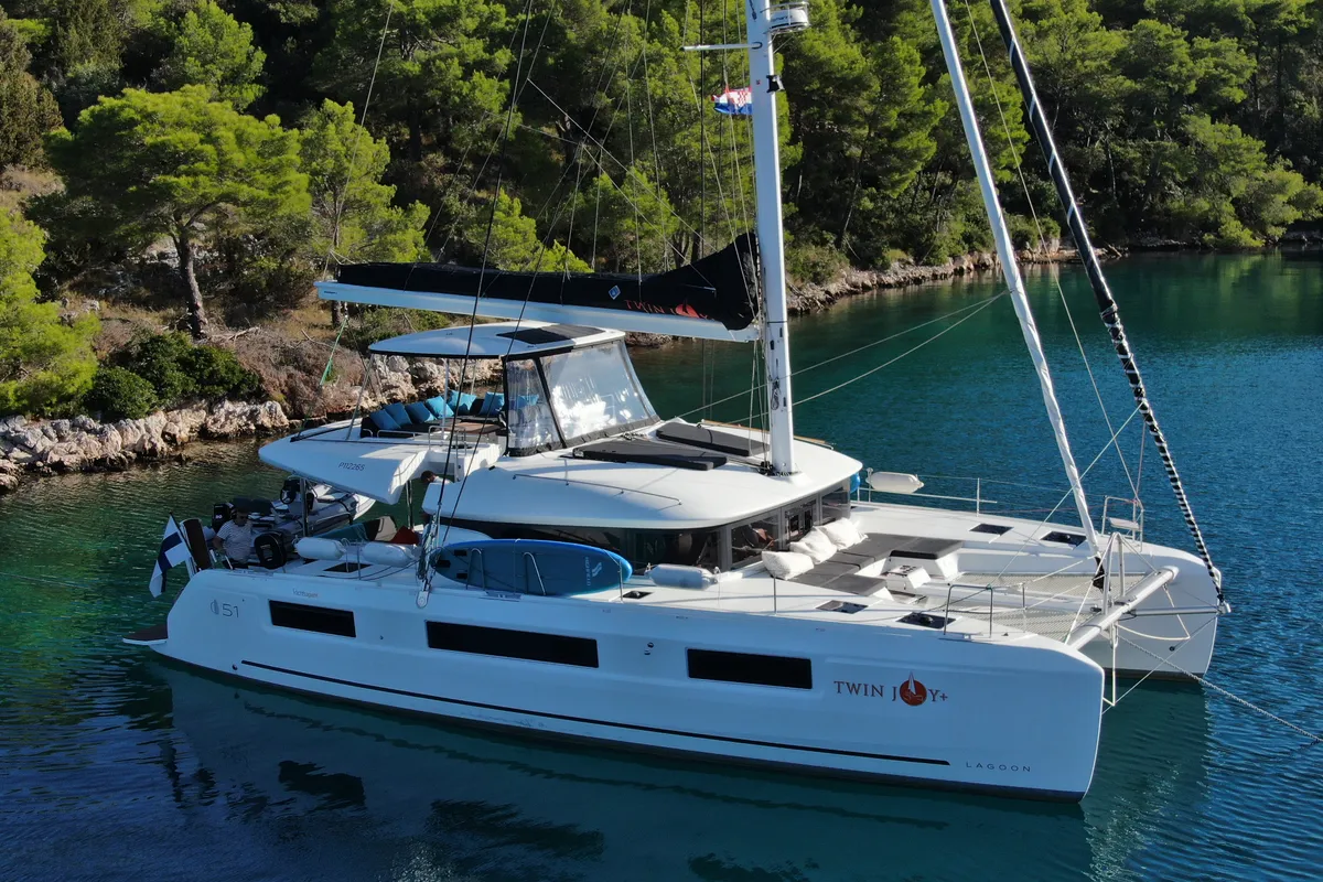 Exterior view of Twin Joy +, a Lagoon 51 catamaran at Trogir, Croatia
