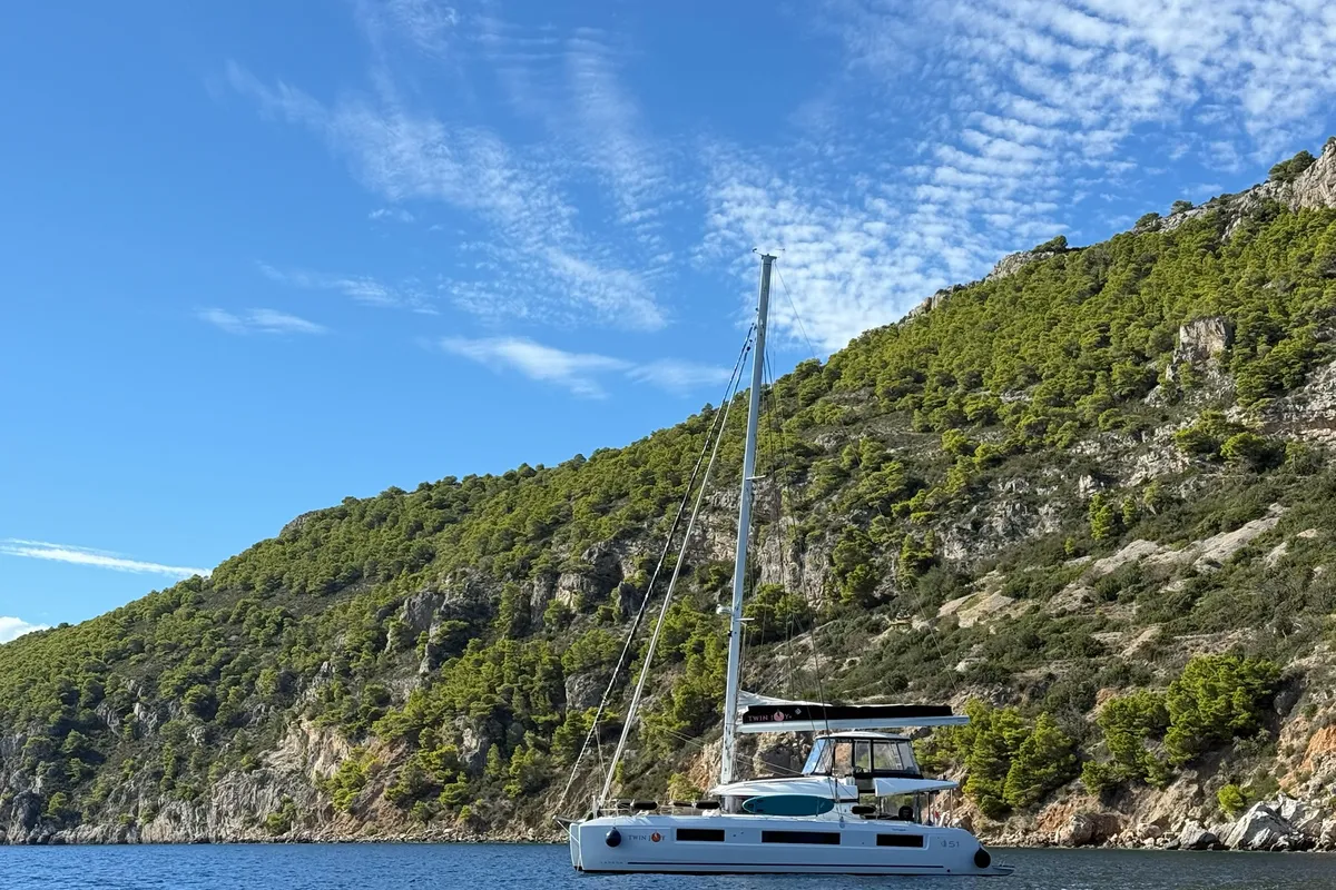Exterior view of Twin Joy +, a Lagoon 51 catamaran at Trogir, Croatia