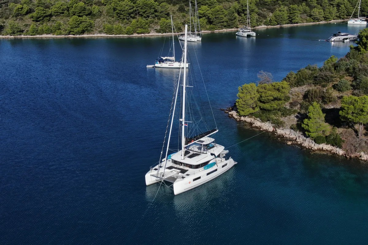 Exterior view of Twin Joy +, a Lagoon 51 catamaran at Trogir, Croatia