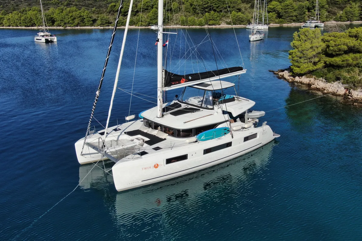 Exterior view of Twin Joy +, a Lagoon 51 catamaran at Trogir, Croatia