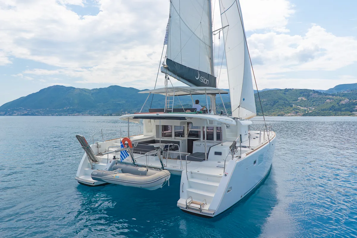 Exterior view of Cassiopeia II, a Lagoon 450 Fly catamaran at Kontokali, Greece